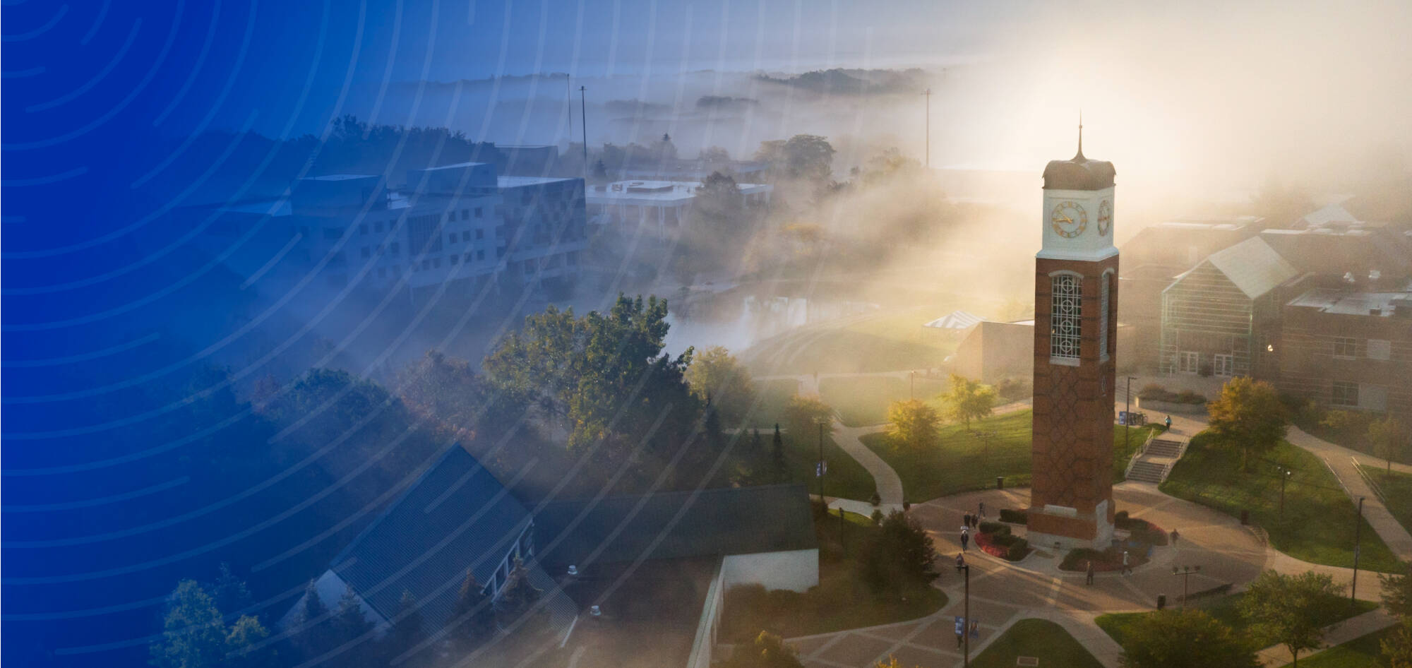 A photo of the carillon on the Valley campus with the ripple pattern and a blue gradient subtly overlaying the photo.